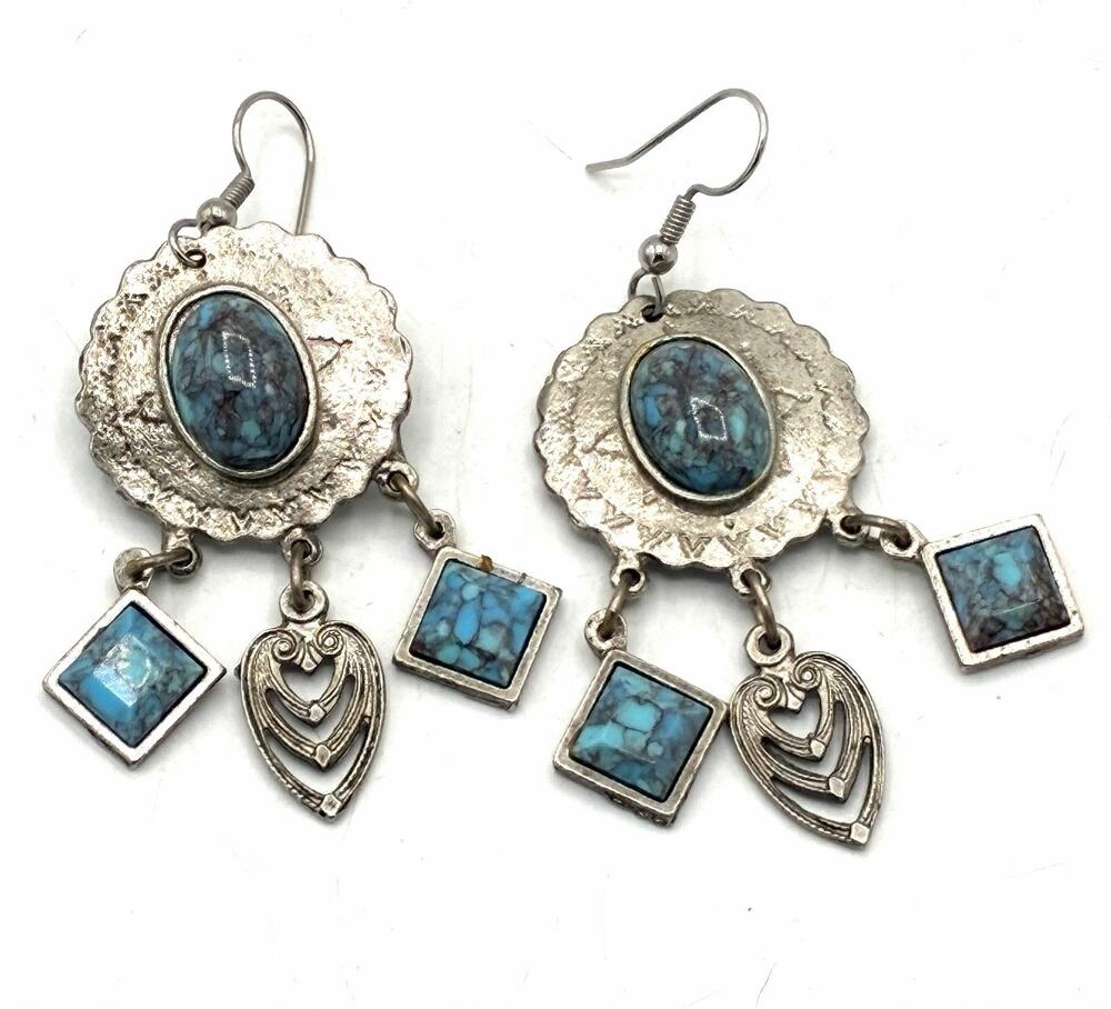 Vintage Southwest Style Blue Matrix Cabochon Dangle Earrings Silver Tone 2”